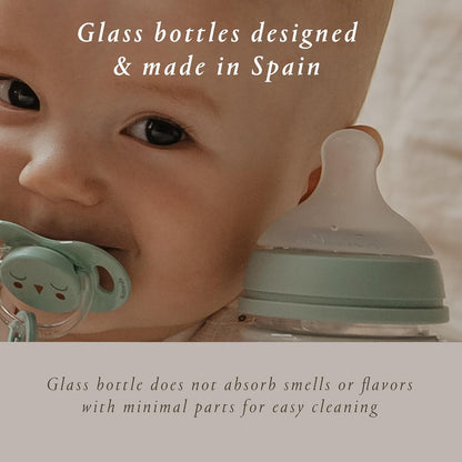 Suavinex Bonhomia Glass Baby Bottle with SX PRO Silicone Nipple, Anti Colic Baby Bottles, Baby Bottles for Breastfed Babies, Medium Flow, 3mo, 8oz, Beige