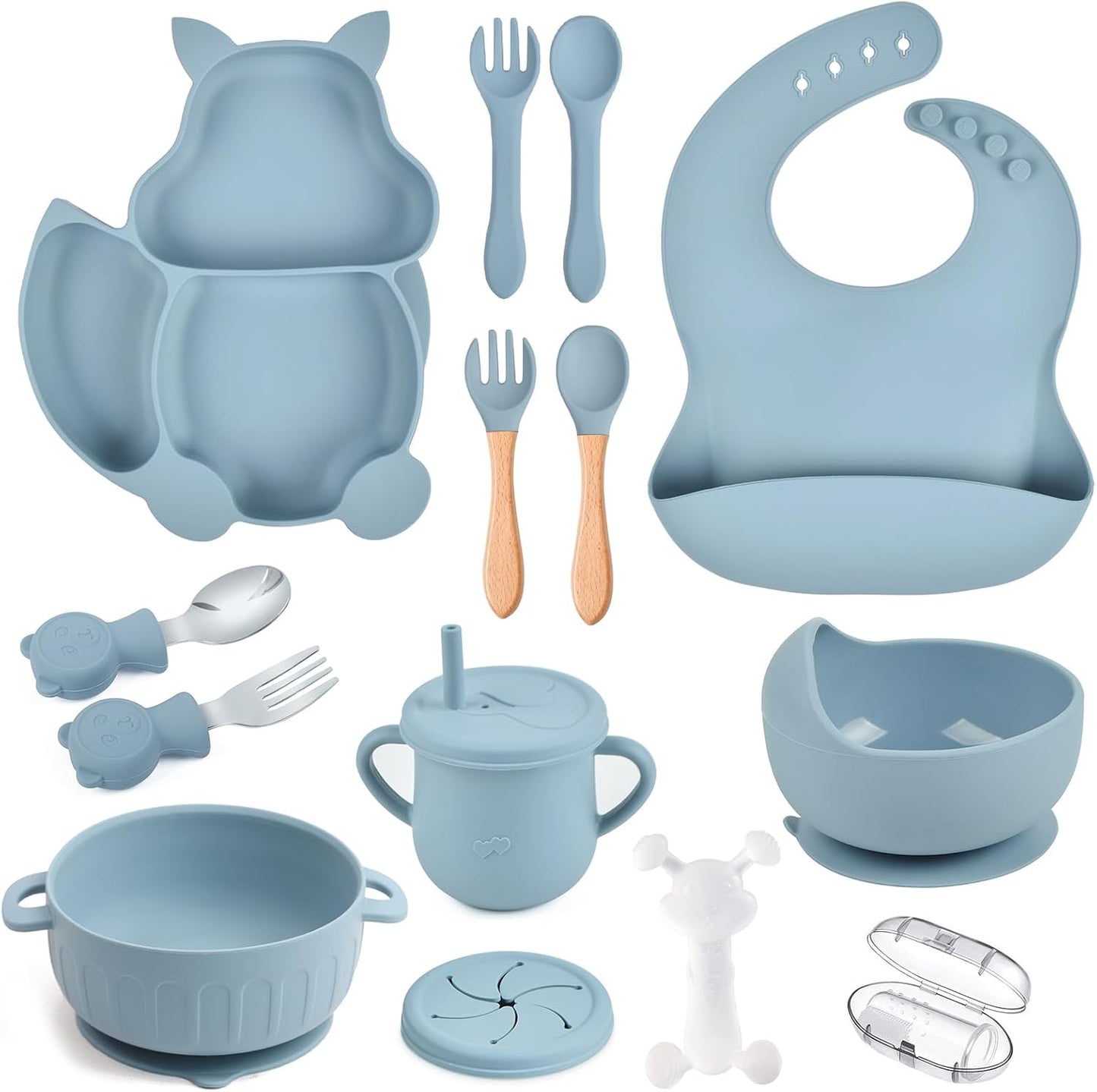 Silicone Baby Feeding Set 15 Pcs，Baby Spoons Suction Bowl Divided Plate Bib Cup Finger Brush Training cups,Baby Led Weaning Supplies,Baby Plates，Toddler Feeding Plates and Bowls Set（purple）