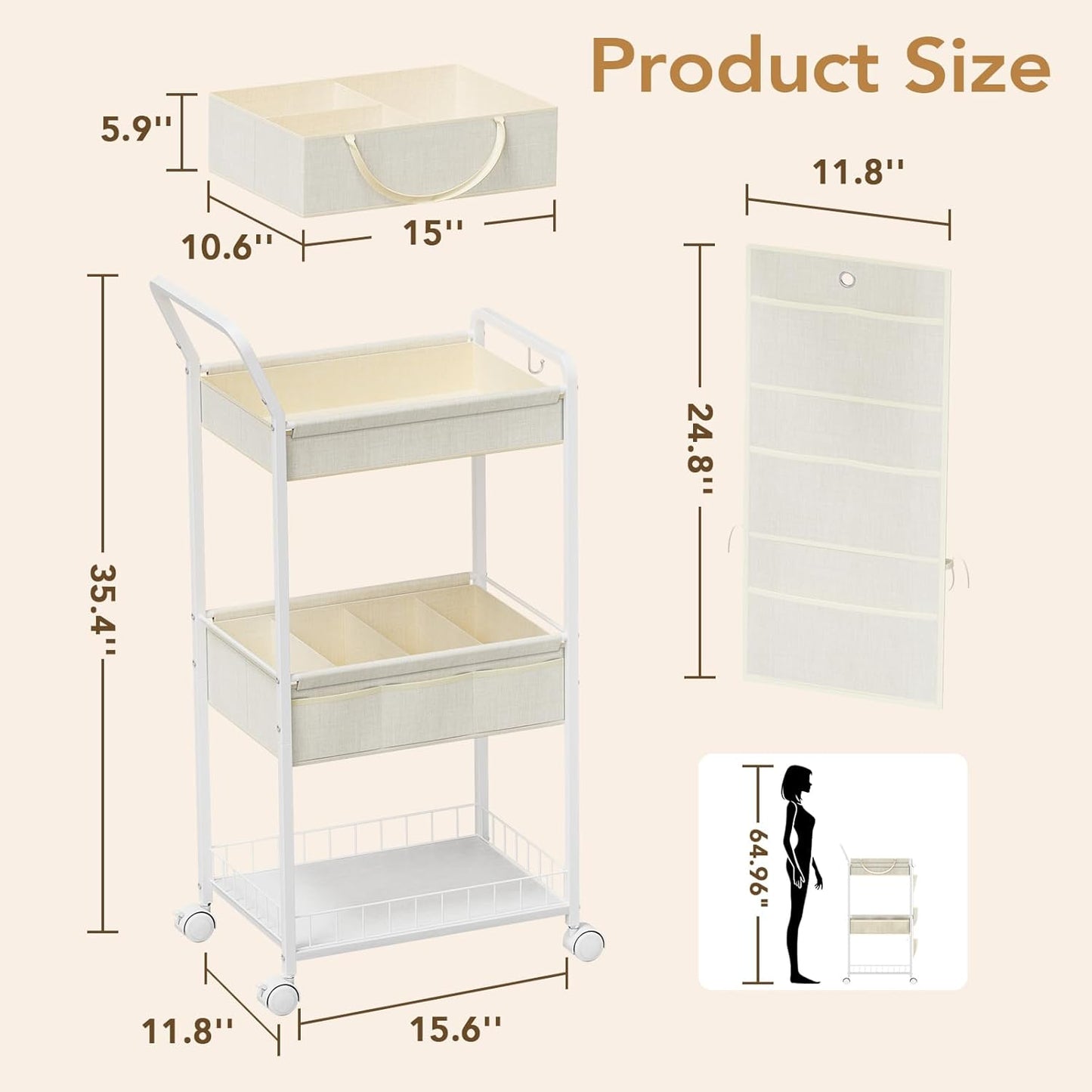 BBLIKE 3-Tier Diaper Caddy Organizer - Rolling Utility Baby Cart with Drawer and Side Pockets for Nursery and Baby Essentials, Multi-Function Cart for Bedroom and Bathroom, White