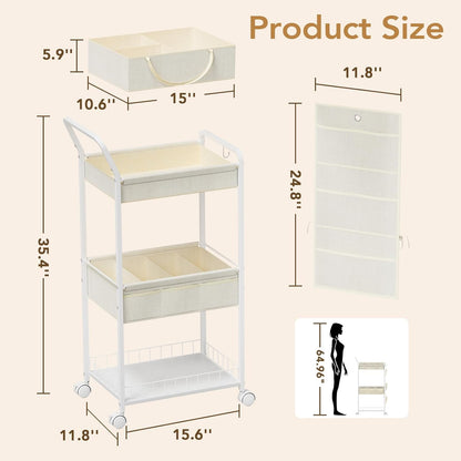BBLIKE 3-Tier Diaper Caddy Organizer - Rolling Utility Baby Cart with Drawer and Side Pockets for Nursery and Baby Essentials, Multi-Function Cart for Bedroom and Bathroom, White