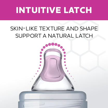 Chicco Duo Glass-Lined Baby Bottle Intui-Latch Nipple with Anti-Colic Valve, Stage 2 Medium Flow for Babies 3+ Months, 100% Silicone with Skin-Like Texture, Breast-Like Shape & Flow, 2-Pack