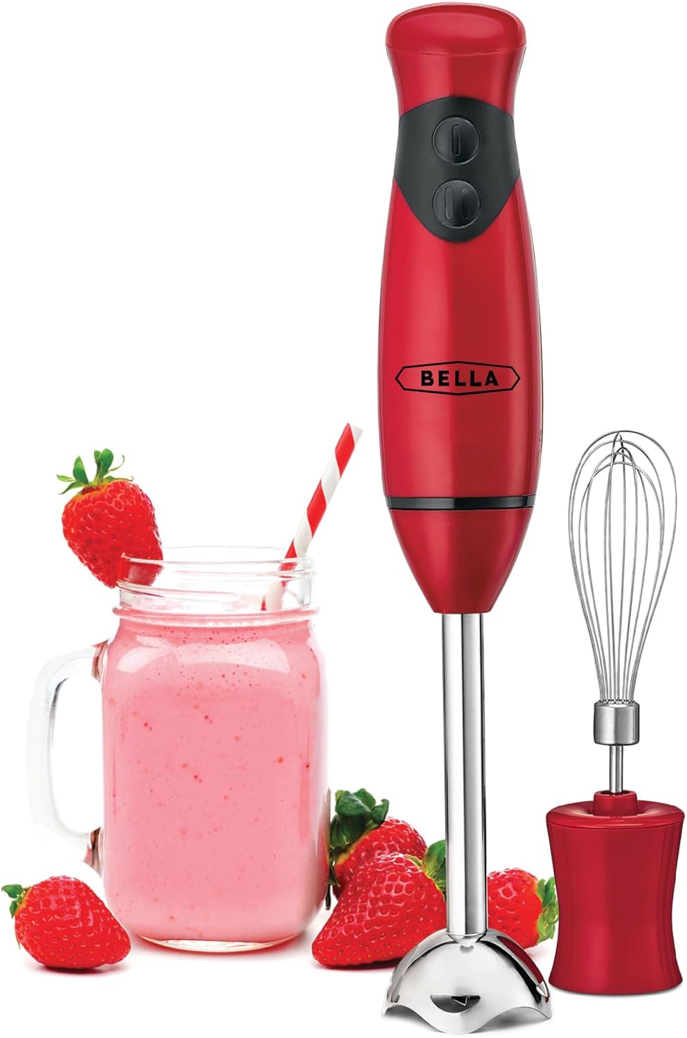 BELLA Immersion Hand Blender, Portable Mixer with Whisk Attachment - Electric Handheld Juicer, Shakes, Baby Food and Smoothie Maker, Stainless Steel, Black