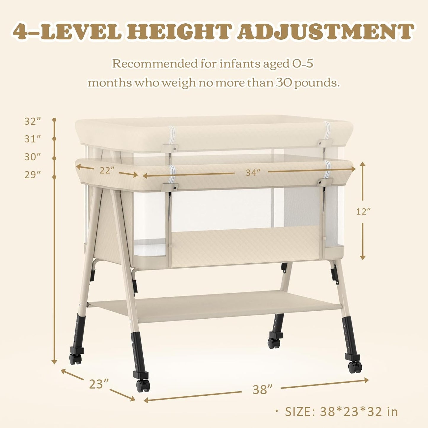 Baby Bassinet, 3-in-1 Baby Bassinets Bedside Sleeper for Newborn with Breathable Mesh, Portable Baby Crib with 4- Adjustable Height, Mattress, Storage Basket & Lockable Wheels, CPSC Beige