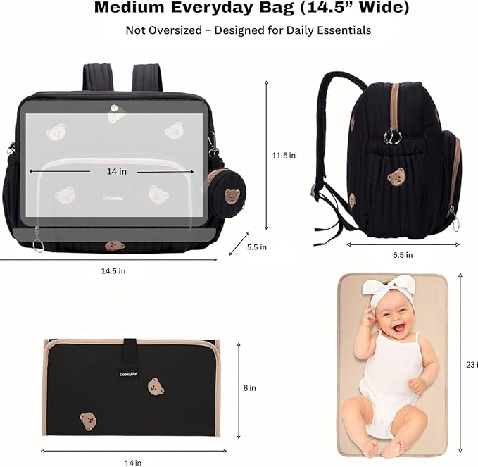 GOBABYMART Diaper Bag Backpack, Medium Maternity baby bag & Changing Pad, Insulated Pockets, Stroller Straps & Pacifier Case (Medium - Black Bears)