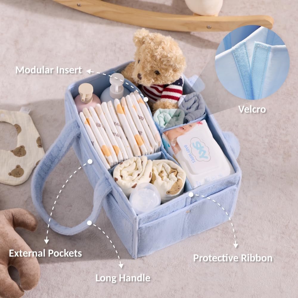 luxury little Soft Baby Diaper Caddy Organizer, Nursery Storage Basket with Removable Divider, Portable Baby Diapers Basket, Gifts for New Parent, Baby Shower (Baby Blue)
