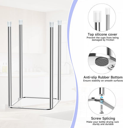 Water Bottle Drying Rack Reusable Bottle Rack Dryer Kitchen Stand Holder Metal Countertop Baby Bottle Drying Rack Water Cup Drying Rack for Plastic Bags, Bottles and Cups (Sliver, Large)