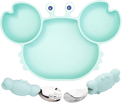 Silicone Suction Plate for Toddlers with Fork Spoon Set - Self Feeding Training Divided Plate Dish and Bowl for Baby and Toddler, Fits for Most Highchairs Trays (Green)