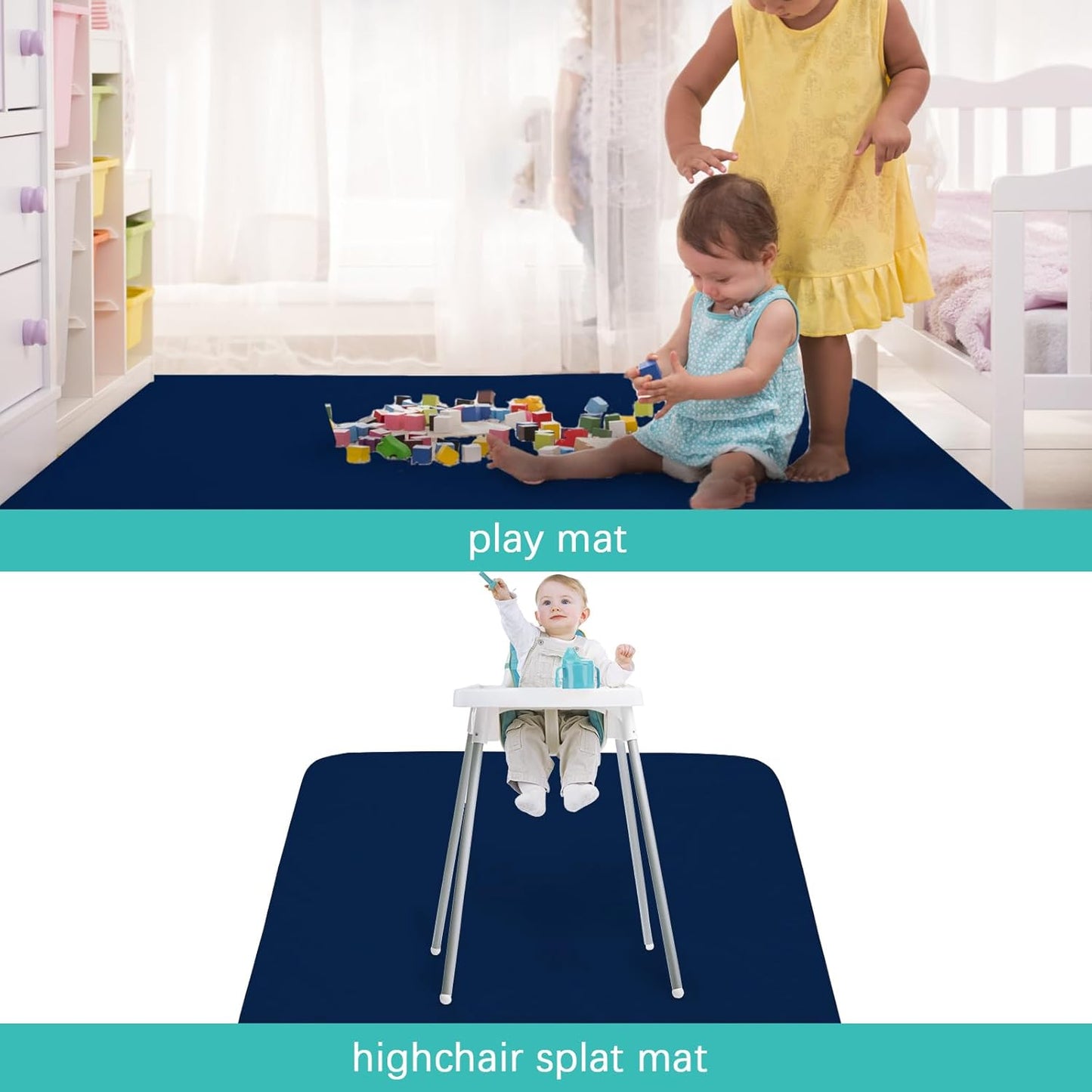 Splat Mat 2 Pack for Under High Chair & Arts & Crafts & Eating Mess, Waterproof 42''×46'' Baby Playtime Anti-Slip High Chair Mat for Floor or Table, Reusable & Portable Splash Mat