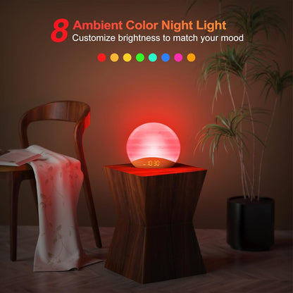 REACHER Wood Grain Sunrise Alarm Clock and Sound Machine Nightlight, Digital Dimmable Clock for Bedroom, 26 Sleep Sounds, White Noise Machine for Baby, Adults, Wake Up Light Alarm Clock for Kids