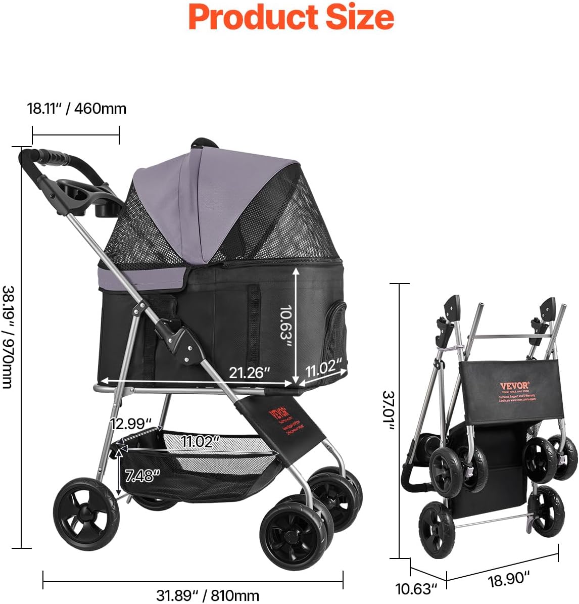VEVOR Pet Stroller, 44 lbs Weight Capacity, Foldable Dog Cart, 4 Wheels Cats Stroller with Mesh Windows & Revrsible Handle, Portable Pet Carrier with Brake, for Small to Medium Pets
