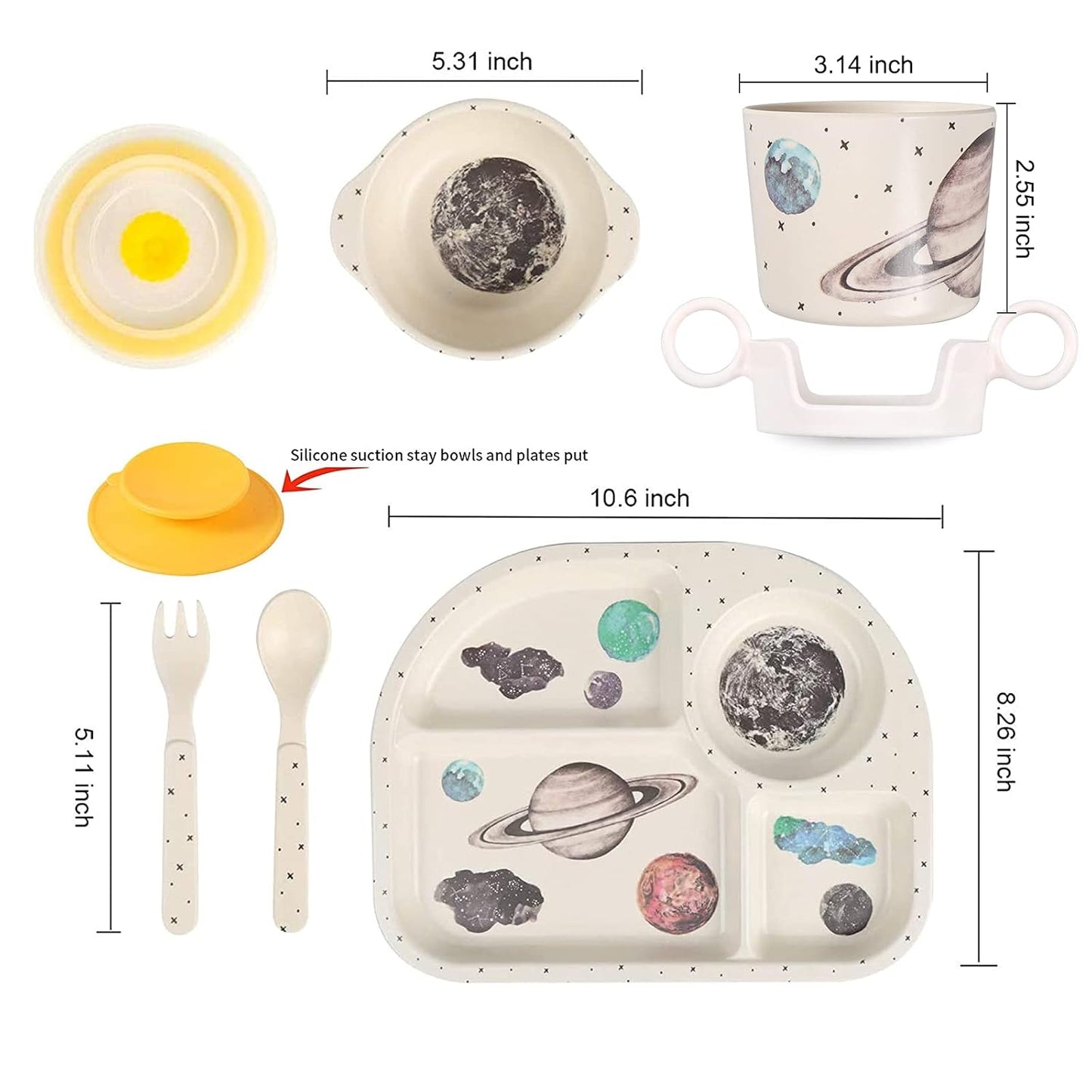 shopwithgreen 7Pcs/Set Bamboo Kids Dinnerware Set - Children Dishes - Food Plate Bowl Cup Spoon Fork Set Dishware, Cartoon Tableware, Dishwasher Safe Kids Healthy Mealtime, BPA Free