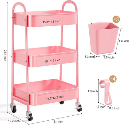 3 Tier Heavy Duty White Metal Rolling Cart with Lockable Wheels, Three Tier Roller Book Snack Cart, Utility Storage Organizer Carts for Kitchen, Bathroom, Garage, Baby Diaper, Craft, Art, Teacher