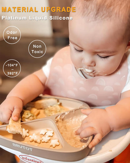 Toddler Suction Plates for Baby, Food Grade Platinum Silicone Baby Plates BPA Free, Divided Suction Toddler Plate Dishes and Spoon Set for Self Feeding, Deeper Design, Dishwasher Safe