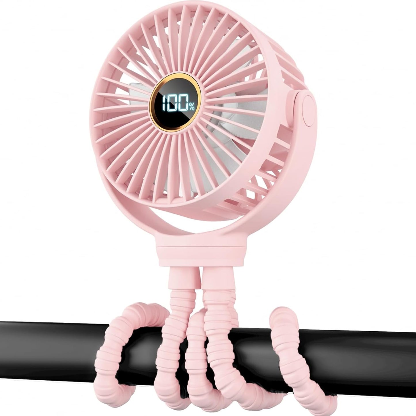 Portable Stroller Mini Fan, Small Rechargeable Personal Fan, Baby Travel Essentials for Wagon, Car Seat, Treadmill, Battery Powered Biking Gear Accessories, 360° Rotation, 3-Speed, Display, Black