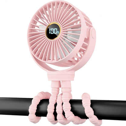 Portable Stroller Mini Fan, Small Rechargeable Personal Fan, Baby Travel Essentials for Wagon, Car Seat, Treadmill, Battery Powered Biking Gear Accessories, 360° Rotation, 3-Speed, Display, Black
