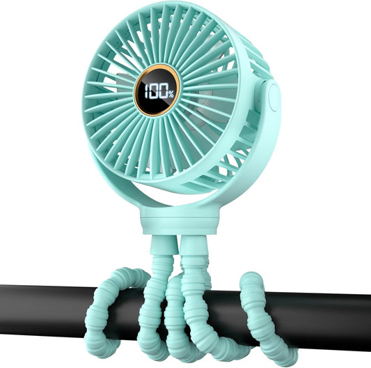 Portable Stroller Mini Fan, Small Rechargeable Personal Fan, Baby Travel Essentials for Wagon, Car Seat, Treadmill, Battery Powered Biking Gear Accessories, 360° Rotation, 3-Speed, Display, Black