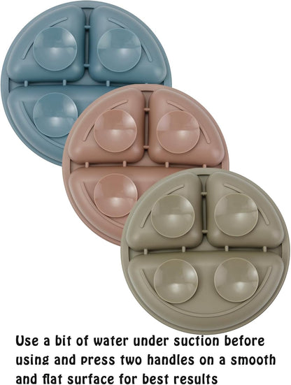 PandaEar Baby Feeding Set, 3 Pack Toddler Plates with 3 Spoons, 100% Silicone Divided Suction Plate for Babies, BPA-Free, Dishwasher and Microwave Safe -Blue/Red/Brown