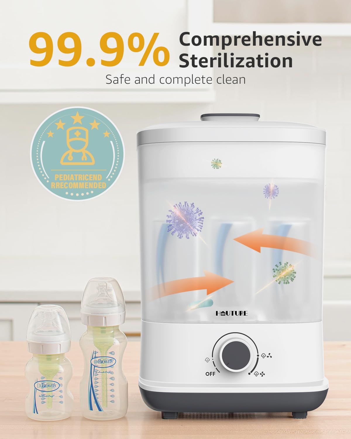 HAUTURE Bottle Sterilizer and Dryer, 6-in-1 Baby Bottle Sterilizer (Esterilizador de Biberones), 10 Bottles Capacity, Electric Steam Bottle Sanitizer for Baby Bottles, Breast Pump Parts & Pacifiers