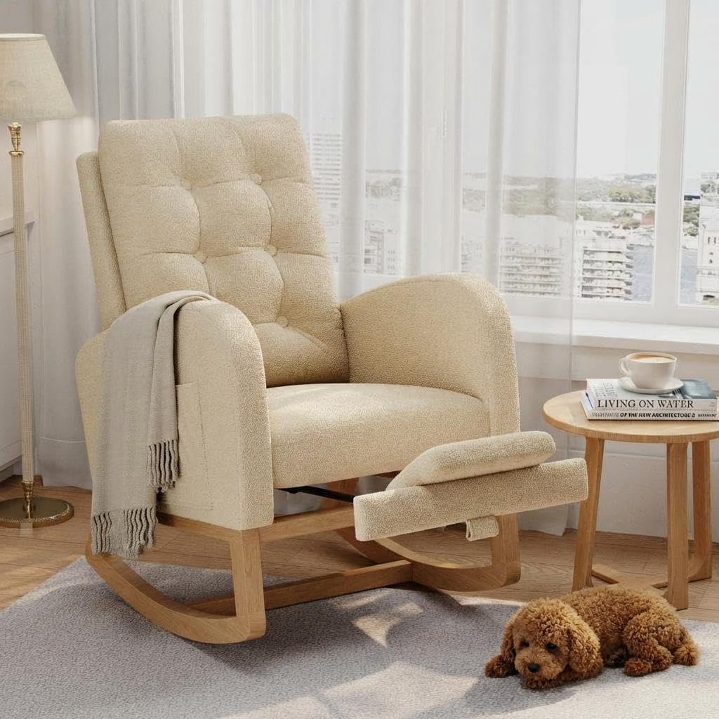 Modern Rocking Chair for Living Room, Comfortable Recliner Rocker with Side Pocket, Soft Linen Upholstered Glider Chair for Bedroom, Nursery, Lounge-Grey