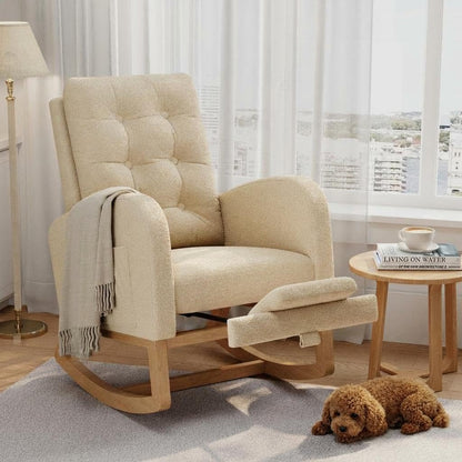 Modern Rocking Chair for Living Room, Comfortable Recliner Rocker with Side Pocket, Soft Linen Upholstered Glider Chair for Bedroom, Nursery, Lounge-Grey