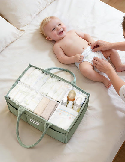 Baby Diaper Caddy Organizer, Portable Nursery Storage Basket for Newborn Essentials, Changing Table & Car Caddy Organizer, Gift for Baby Shower, Registry Must-Have for Boy Girl, Green