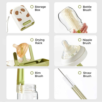 Portable Bottle Brush Set - Baby Travel Bottle Cleaner Kit with Silicone Brush, Nipple Brush, Straw Brush, Soap Dispenser, Drying Rack - Bottle Cleaning Kit for Home and Travel Essential (Panda)