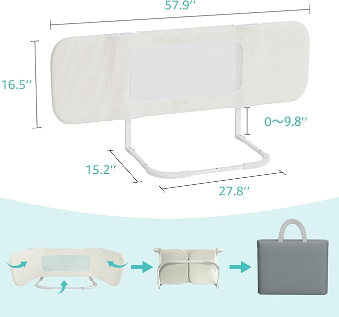 NUTIKAS 58" Bed Rails for Toddlers, Extra Long Side Folding Baby Bed Rail Guard for Queen & King Size Bed, Collapsible Kids Bedrail with Adjustable Height