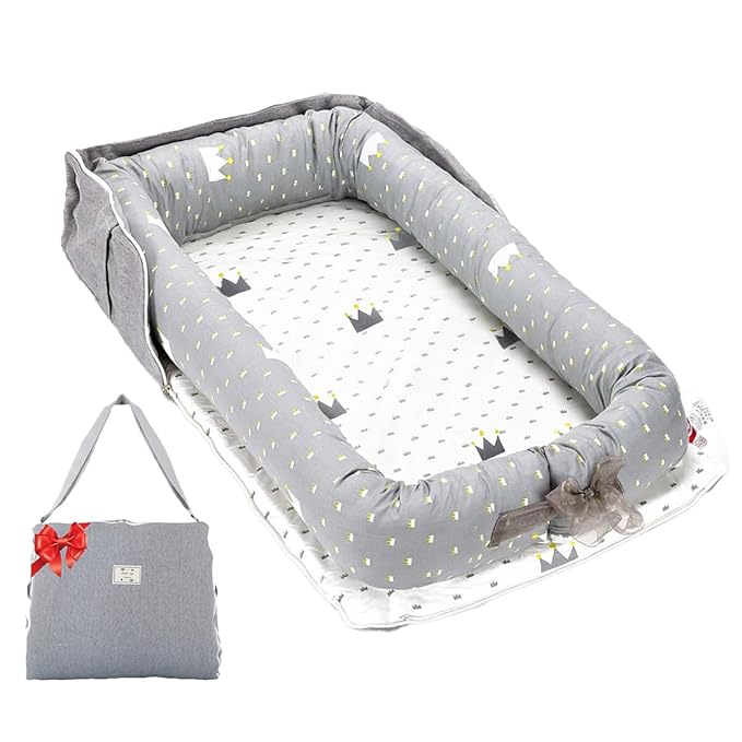 Baby Lounger for Newborns & Infants 0–24 Months, 100% Cotton Breathable Infant Support Cushion with Adjustable Size, Portable Baby Nest for Home and Travel, Baby Shower Gift(Crown Grey)