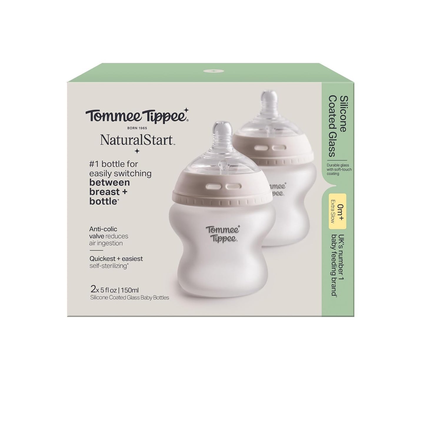 Tommee Tippee Silicone Coated Glass Baby Bottles for Feeding, 9 0z, Anti-Colic, 0+ Months, Slow Flow Breast-Like Nipple, Shatter-Proof Glass, BPA Free, Pack of 2