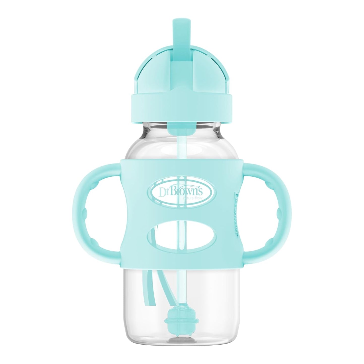 Dr. Brown's Milestones Wide-Neck Sippy Straw Bottle, Spill-Proof with 100% Silicone Handles and Weighted Straw, 9 oz/270 mL, Gray & Pink, 6m+, 2-Pack