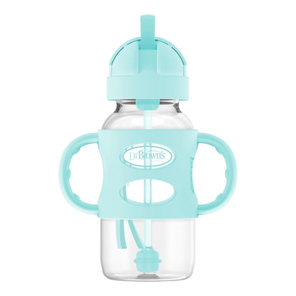 Dr. Brown's Milestones Wide-Neck Sippy Straw Bottle, Spill-Proof with 100% Silicone Handles and Weighted Straw, 9 oz/270 mL, Gray & Pink, 6m+, 2-Pack