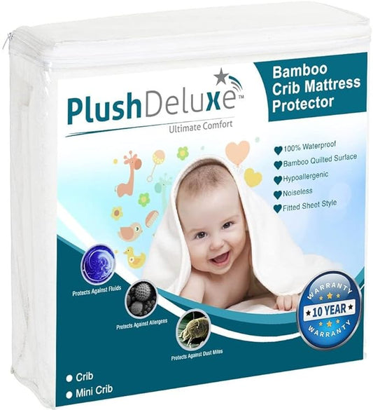 PlushDeluxe Crib Mattress Protector, 28”x49”, 100% Waterproof, Noiseless, Ultra Soft Viscose Made from Bamboo with Quilted Terry Cotton Top, White Fitted Sheet Style Toddler Crib Cover