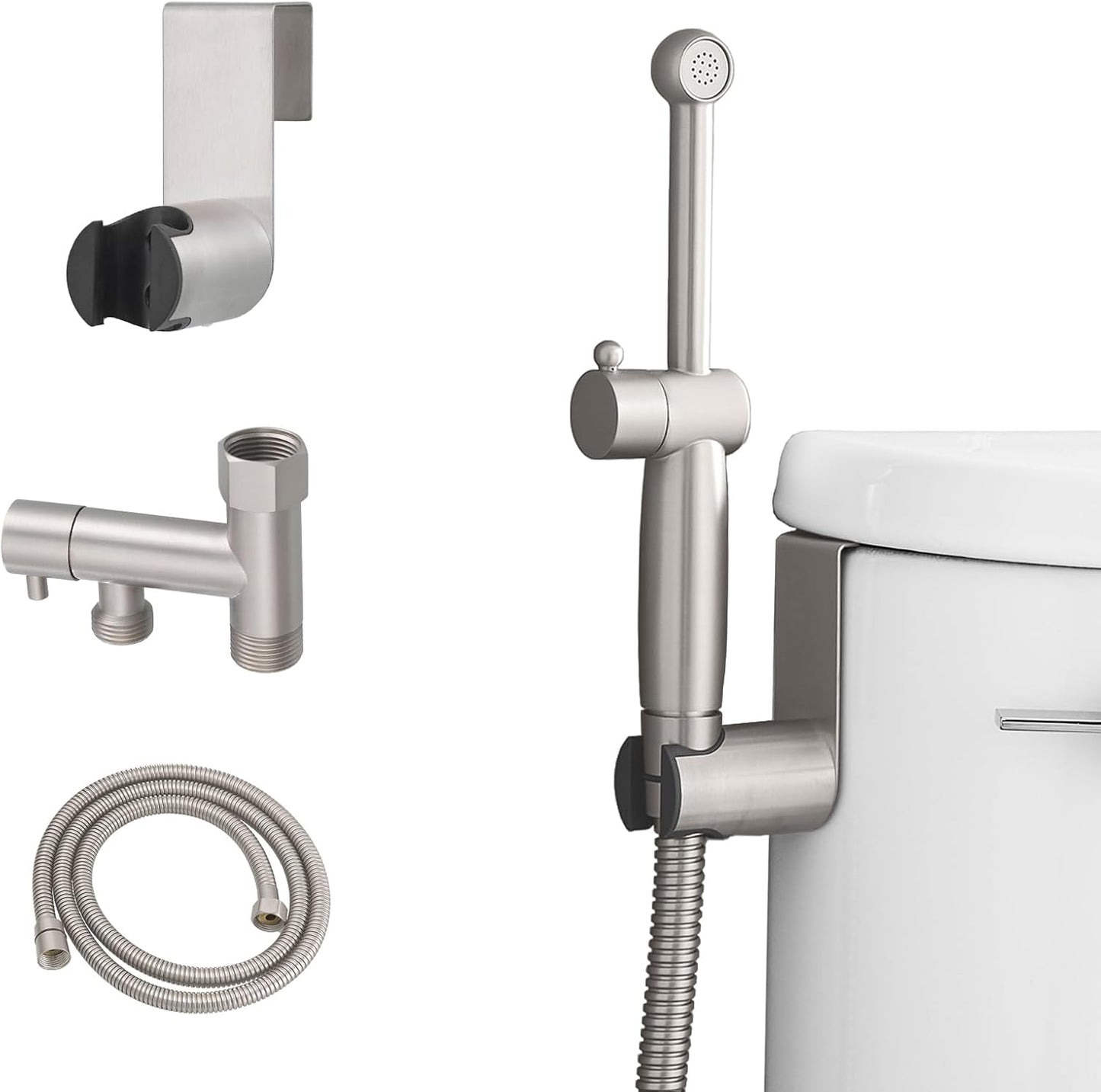 Chrome Handheld Bidet Sprayer for Toilet with Bidet Hose Brass Cloth Diaper Sprayer Bathroom Toilet Attachment for Feminine Wash, Wall Mount or Toilet Mount