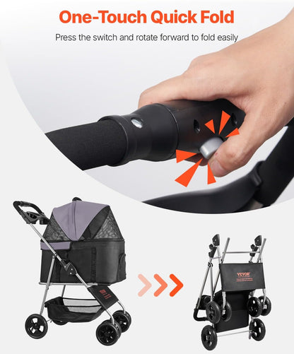 VEVOR Pet Stroller, 44 lbs Weight Capacity, Foldable Dog Cart, 4 Wheels Cats Stroller with Mesh Windows & Revrsible Handle, Portable Pet Carrier with Brake, for Small to Medium Pets