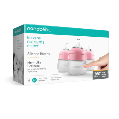 Nanobebe Flexy Silicone Baby Bottle, Anti-Colic, Natural Feel, Non-Collapsing Nipple, Non-Tip Stable Base, Easy to Clean 4-Pack, Pink/White, 5 oz