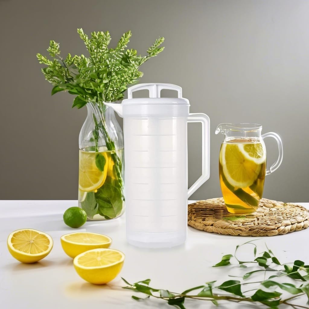 JBK Pottery 2-Quart White Mixing Pitcher with Plunger – BPA-Free Plastic Mixing Jug for Juice, Milk, Tea, Shakes, and More – Dishwasher-Safe, Spill-Proof Lid, Smart Stirring Design