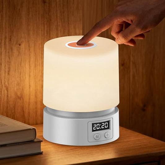 Nursery Night Light with Clock for Kids, Touch Lamp Bedside Desk Lamp, Portable Breastfeeding Night Lamp for Baby, 3 Color Stepless Dimming Up for Restaurant,Bedroom,Rechargeable (Grey)