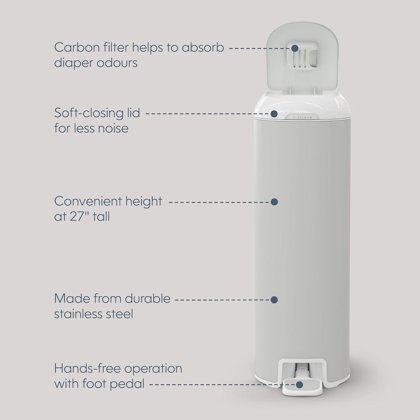 Diaper Genie Platinum Pail (Lily White) is Made in Durable Stainless Steel and Includes 1 Easy Roll Refill with 18 Bags That can Last up to 5 Months.