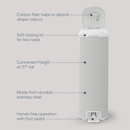 Diaper Genie Platinum Pail (Lily White) is Made in Durable Stainless Steel and Includes 1 Easy Roll Refill with 18 Bags That can Last up to 5 Months.
