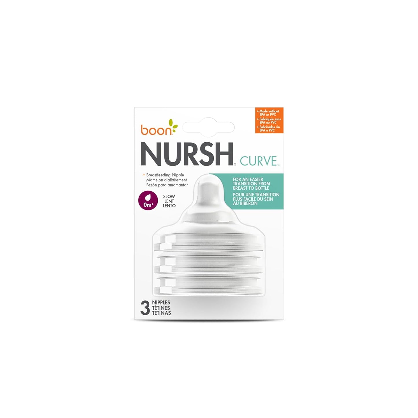 Boon Nursh Curve Silicone Baby Bottle Nipples - Food-Grade Silicone Bottle Nipples – Medium Flow Nipples for Baby Bottles - Baby Bottle-Feeding Supplies - 3 Count