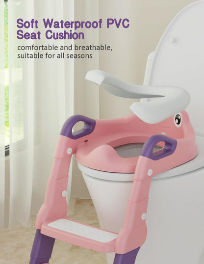 Potty Training Seat, Toddler Potty Training Toilet, Upgrade 2 In 1 Toddler Toilet Seat with Steps Stool Splash Guard and Anti-Slip Pad Soft Cushion, Potty Seats for Toddlers Baby Kids (Pink)