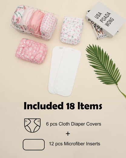 ALVABABY Baby Cloth Diapers 6 Pack with 12 Inserts Cloth Diaper Covers Adjustable Washable Reusable for Baby Girls and Boys