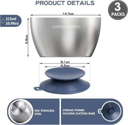 Greentainer Stainless Steel Baby Bowl Set of 3, Double Wall Insulated, Unbreakable Toddler Bowls with Removable Silicone Suction Base, Non-Slip, Dishwasher Safe, BPA-Free for Infants 6+ Months (Green)