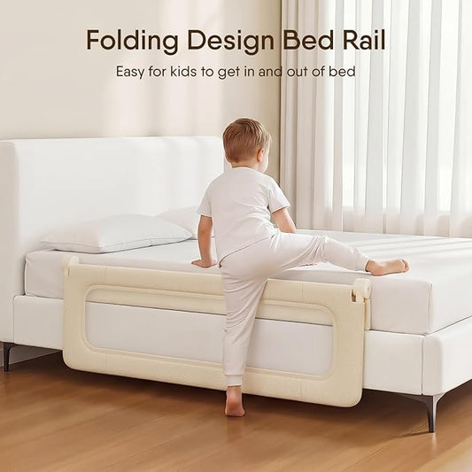 Folding Bed Rail for Toddlers, Baby Bed Rail Guard with Reinforced Anchor Safety System, Toddler Bed Rails for King Size Beds, Twin, Full, Queen (Khaki, 59" L x 21.6" H)
