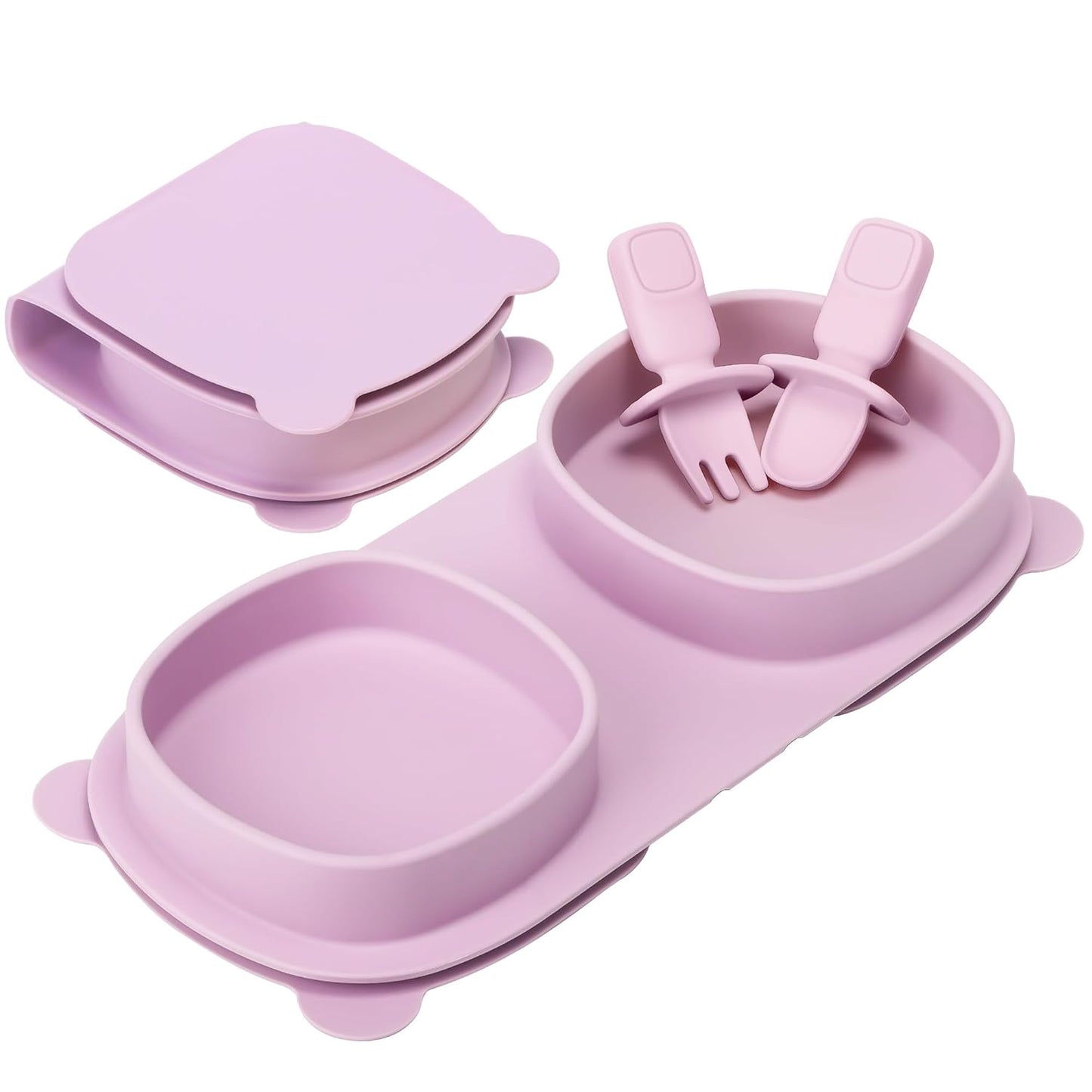 Baby Plates with Suction with Forks and Spoons, Foldable Silicone Toddler Plates, Baby Travel Essential, Microwave & Dishwasher Safe, Purple