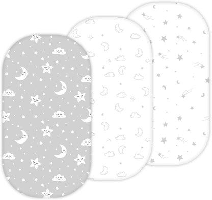 Bassinet Sheets for Papablic, CoZee, Cowiewie, Ezebaby, Nawahev Baby Bassinet Bedside Sleeper by TansyPanda, 3PC, 33x20, Ultra Soft, Breathable Snug Fit, Unisex Boys Girls, Gray White (Space Rockets)