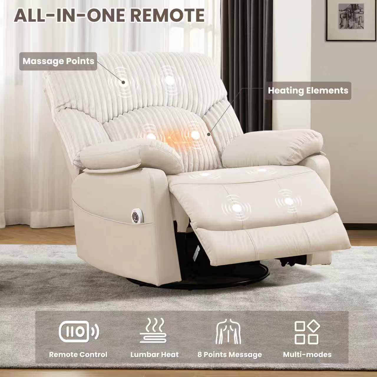 GRAINELL Oversize Power Swivel Recliner, 40in Wide Electric Glider Rocking Chair with Headrest Adjustment, USB Port, 270° Swivel, Rock 30° – for Living Room, Nursery, Black (5" 7' to 6" 1' Height)