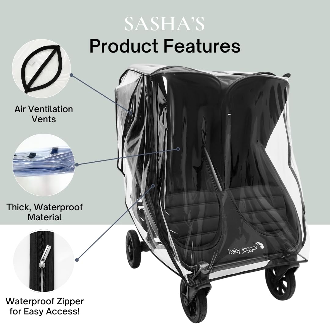 SASHA'S Double Rain and Wind Cover for Baby Jogger Mini GT2 All-Terrain Double Stroller, Zipper Access, Maximum Coverage, Weather Shield (Jogger not Included)