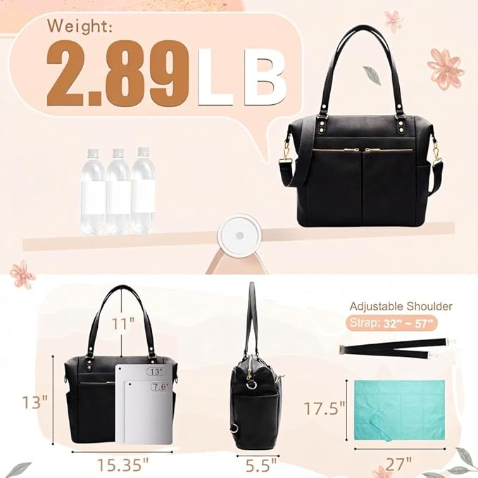 MOMINSIDE Diaper Bag Tote, Leather Diaper Bag Backpack with 13 Pockets, Convertible Baby Bag for Boys Girls, Baby Registry, Changing Pad, Large 4 Insulated Pockets(Black)