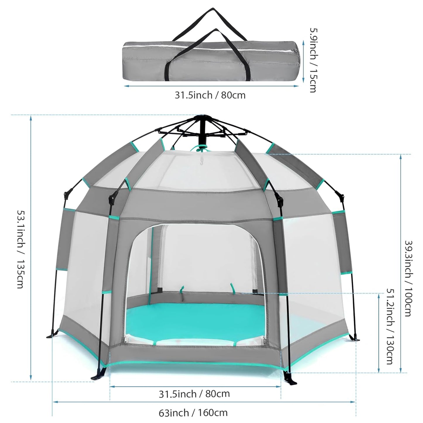 Bend River Baby Playpen with Canopy, Portable Baby Beach Tent, Toddler Play Yard Indoor and Outdoor, Foldable Mosquito Net for Infant - Grey